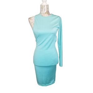 Sexy One Shoulder Open Back Tight Stretch Bodycon Light Blue Aqua Dress